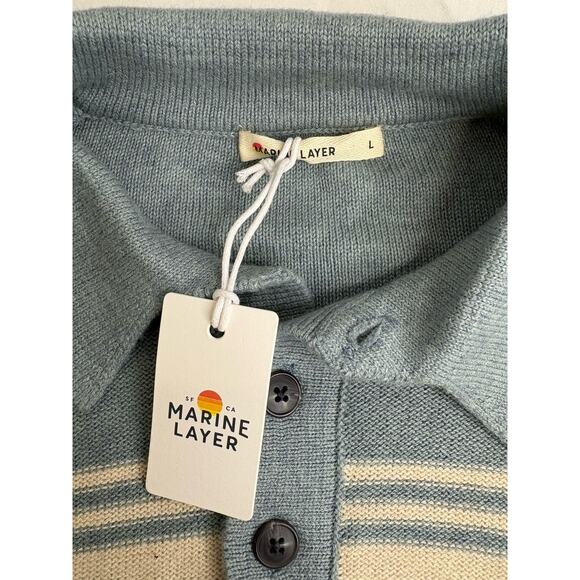 Men’s NWT Marine Layer Elias Polo Sweater Topaz Neutral Stripe Size Large - Picture 2 of 6